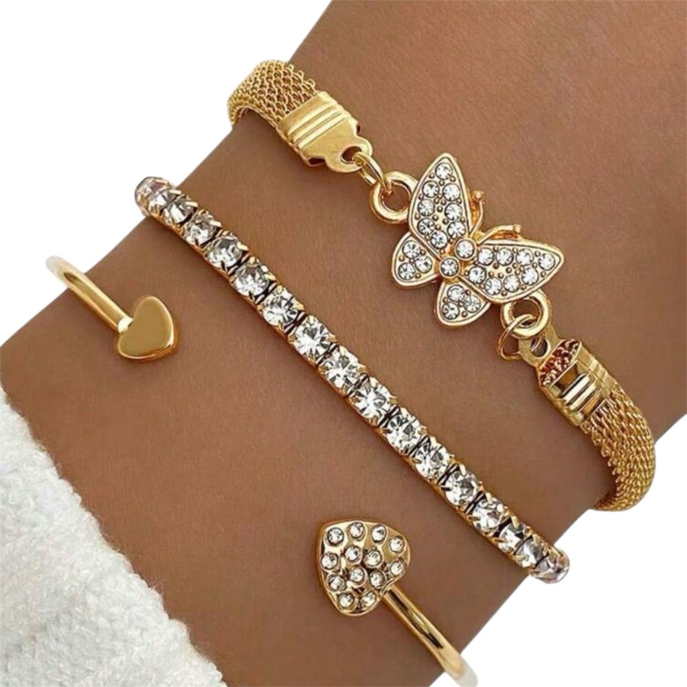 Set of 3 Gold Bracelets Women's Butterfly Crystal Style Tennis Heart Adjustable - Picture 2 of 9